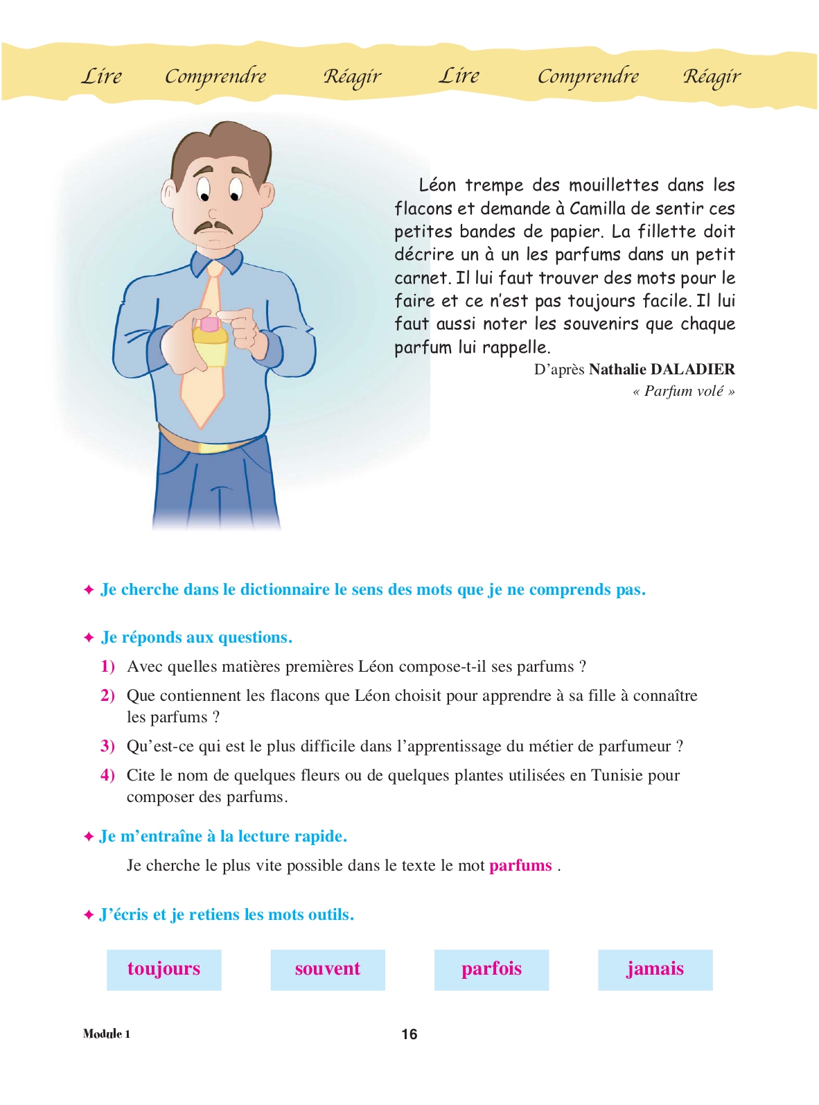 Page 16 du manuel : Léon trempe des mouillettes dans les flacons, questions de compréhension et mots-outils